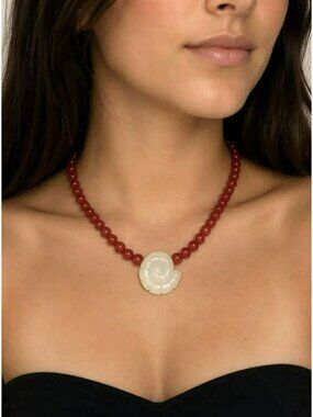 Mayamar Cranberry Red Beaded Glass Necklace With Quartz Pendant New